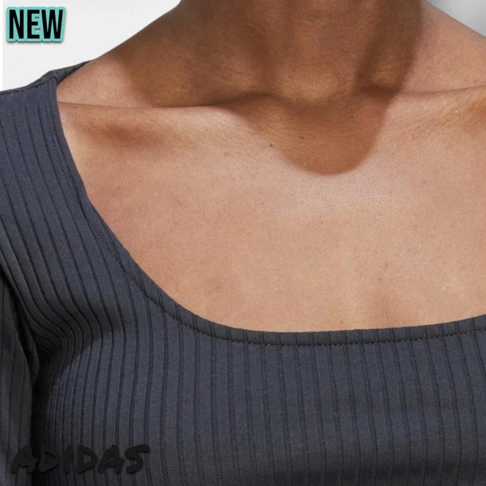🔴New NWT adidas Women’s Studio Rib Long Sleeve Crop op Carbon - Large - Picture 5 of 7